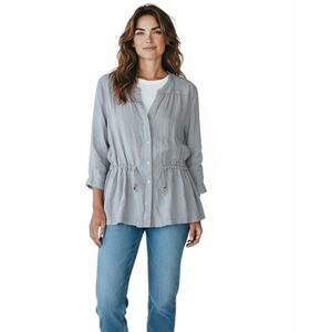 Magaschoni 100% Linen Gray Button-Down Adjustable Waist Women's Blouse Top